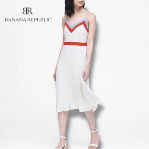 Banana Republic Pleated Midi Lined Dress White, Blue & Orange Colorblock | Sz 2P
